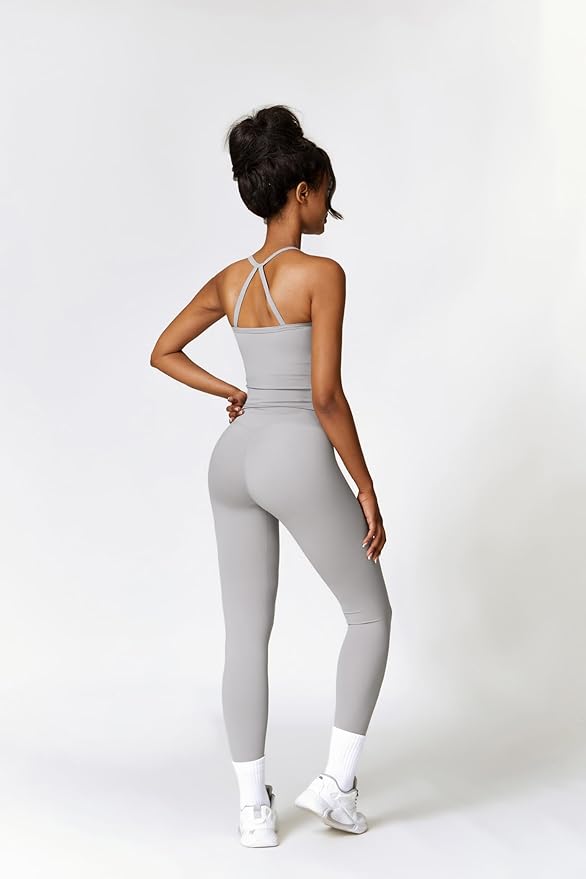 QBGJTD Womens Workout Sets Two Piece Cross Back Tank Top Matching High Waist Leggings Sets Gym Outfits Work Out Clothes