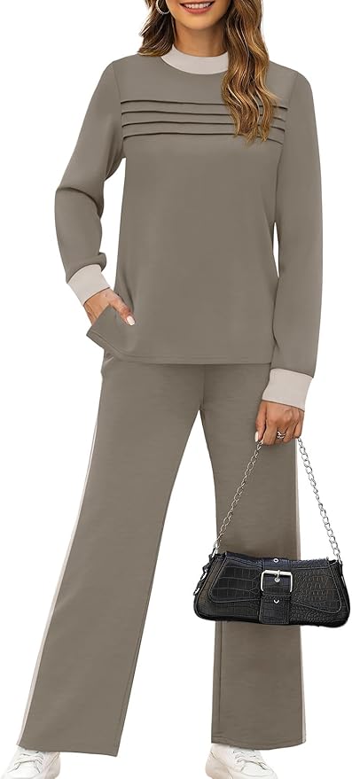 WIHOLL Two Piece Sets for Women Spring Travel Vacation Outfits 2026 Long Sleeve Lounge Sets Side Slit Wide Leg Pants S-3XL