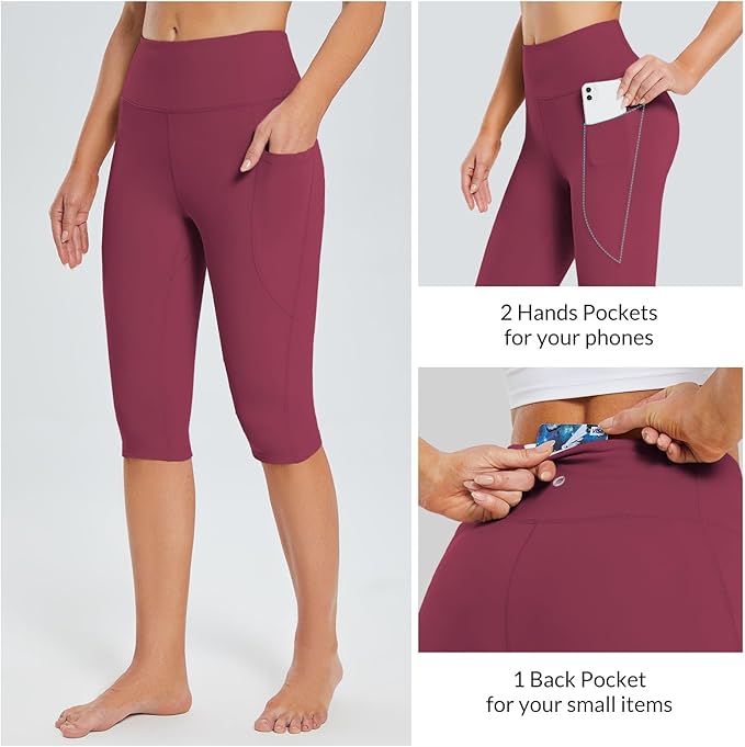 baleaf Women's Capri Leggings with Pockets High Waisted Knee Length Capris Stretch for Casual Yoga Pants Workout Exercise