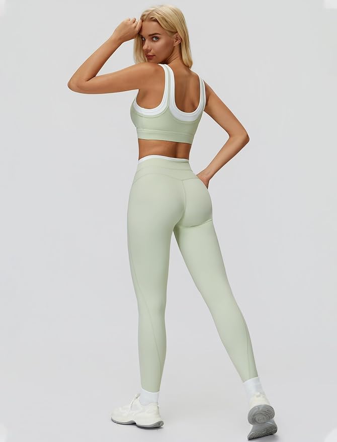 Women 2 Piece Workout U Back Color Block Sports Bra High Waist Active Leggings Yoga Pilates Outfits
