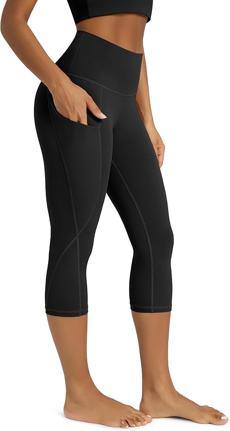 ODODOS Women's High Waisted Yoga Capris with Pockets, Tummy Control Non See Through Workout Athletic Running Capri Leggings