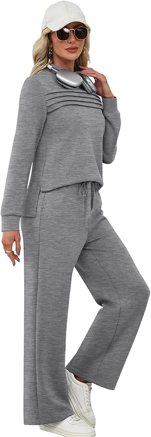 WIHOLL Two Piece Sets for Women Spring Travel Vacation Outfits 2026 Long Sleeve Lounge Sets Side Slit Wide Leg Pants S-3XL