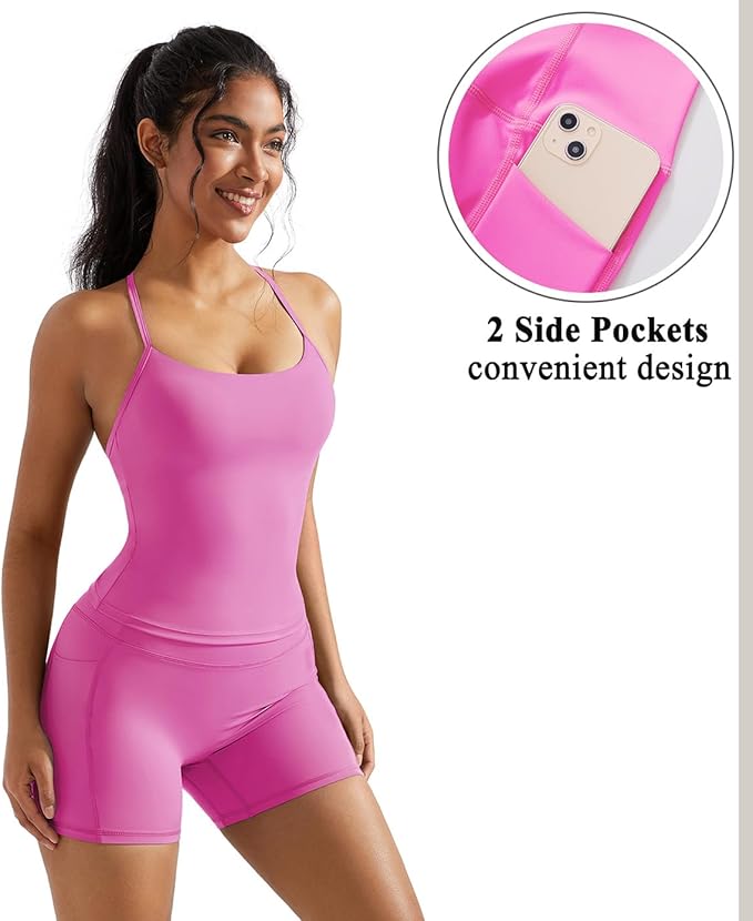OMKAGI 2 Piece Workout Sets for Women Padded Sports Bra Tank Booty Gym Shorts with Pockets