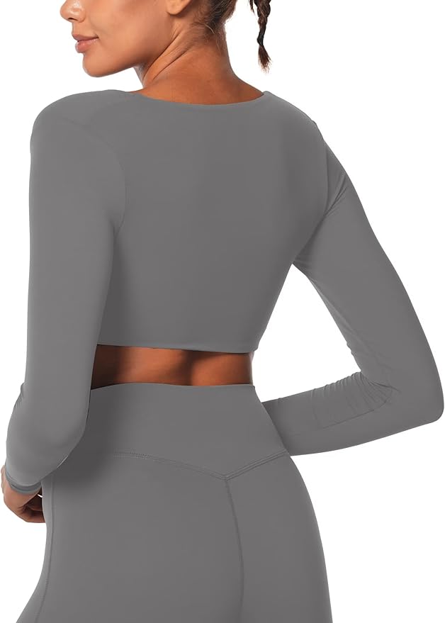 Sunzel Long Sleeve Workout Tops for Women Buttery Soft Deep V Twist Cropped Tops with Compression for Yoga Pilates Gym Outfit