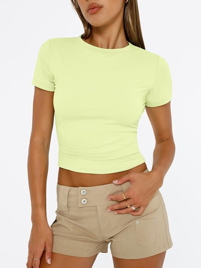 Trendy Queen Womens Short Sleeve T Shirts - Buttery Soft Summer Crop Tops Slim Fit Y2k Basic Tees for Workout
