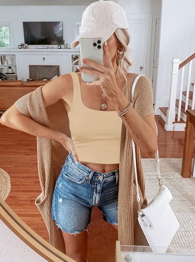REORIA Women’s Sexy Square Neck Double Lined Seamless Sleeveless Cropped Tank Yoga Crop Basic Tops