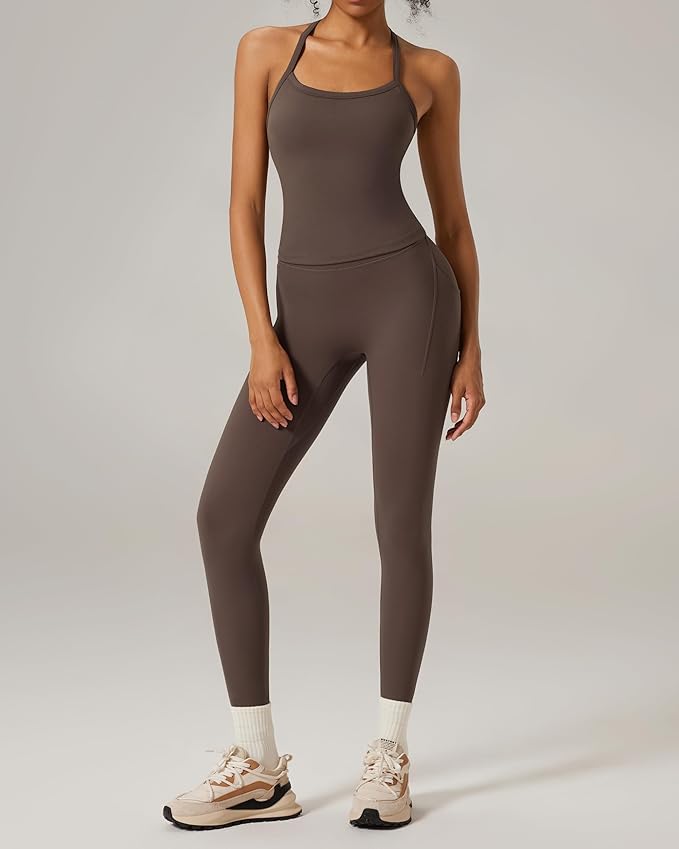 RXRXCOCO Cross Back Workout Sets for Women 2 Piece Padded Tank Tops Hidden Scrunch Leggings Gym Outfits with Pockets