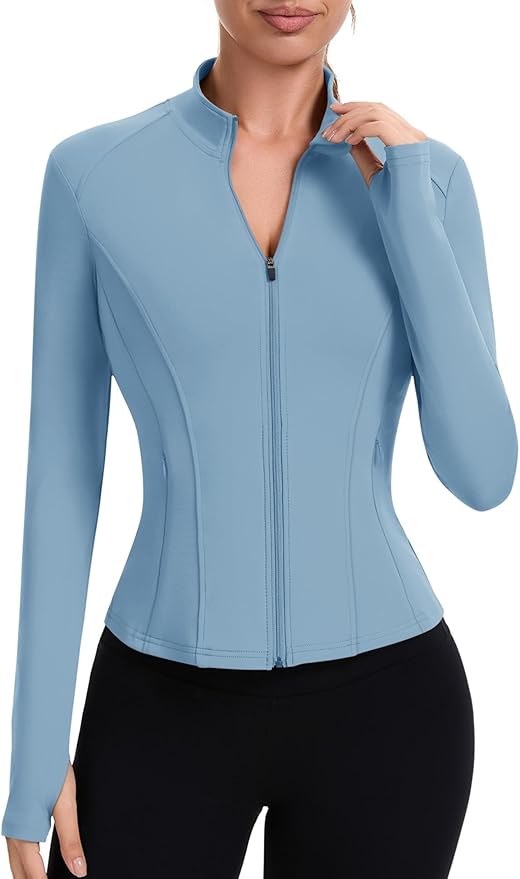ZHENWEI Workout Jackets for Women Full Zip Up Cropped Athletic Long Sleeve Lightweight Slim Fit Running Tops with Pockets