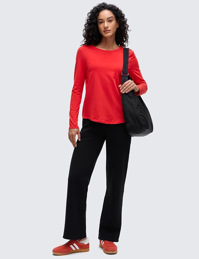 CRZ YOGA Pima Cotton Crewneck Long Sleeve Shirts for Women - Workout Athletic Yoga Casual Tops Soft Plain T-Shirt