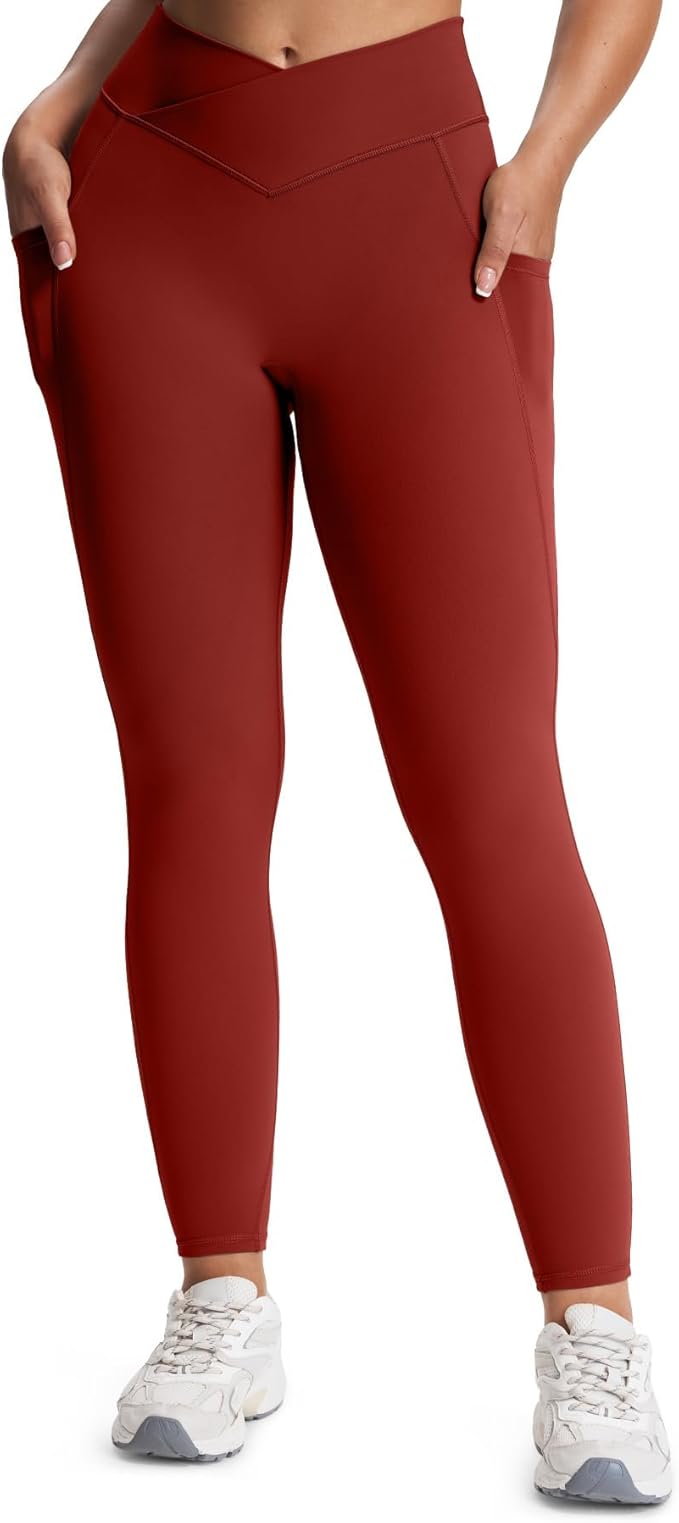 Aoxjox Women's Trinity High Waisted Yoga Pants with Pockets Cross-Waist Tummy Control Buttery Soft Workout Leggings 26"