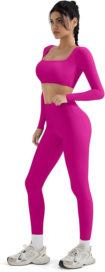 SUUKSESS Women 2 Piece Workout Sets Compression Tummy Control Leggings with Pockets Long Sleeve Square Neck Padded Crop Tops
