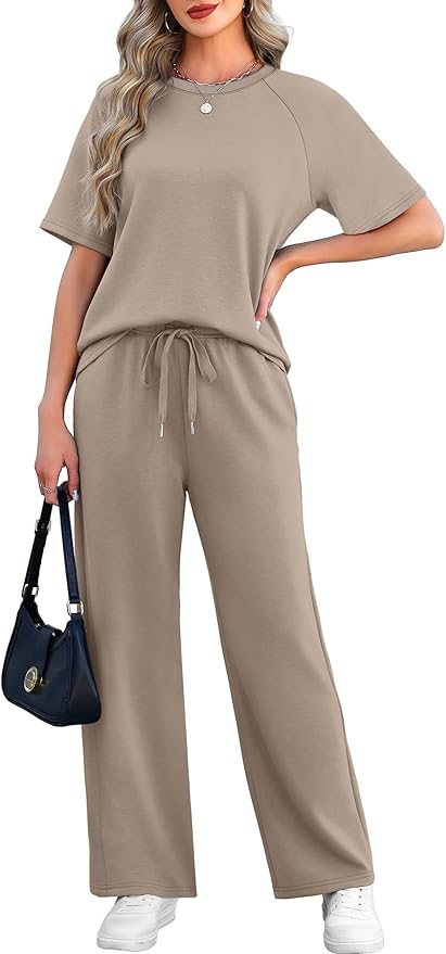 WIHOLL 2 Piece Sets for Women Resort Wear Travel Vacation Outfits Summer Short Sleeve Lounge Sets