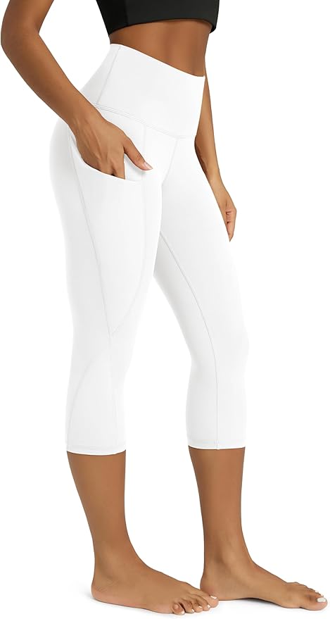 ODODOS Women's High Waisted Yoga Capris with Pockets, Tummy Control Non See Through Workout Athletic Running Capri Leggings