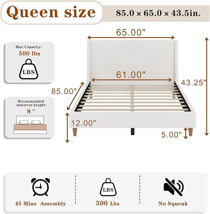 Upholstered Bed Frame Queen Size, 43" Tall Headboard Wingback Upholstered Platform Beds Bedframe for Kids Teens Adults Bedroom Strong Wood Slats Support No Box Spring Needed, Ivory Boucle
