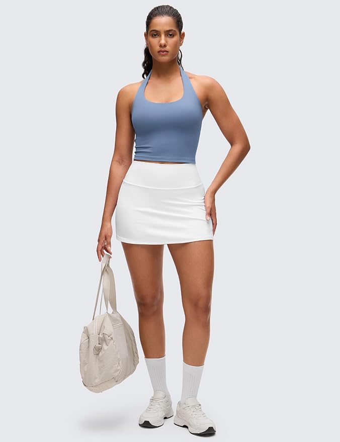 CRZ YOGA Butterluxe Halter Crop Tank Tops for Women - Open Back Padded Longline Sports Bras Workout Gym