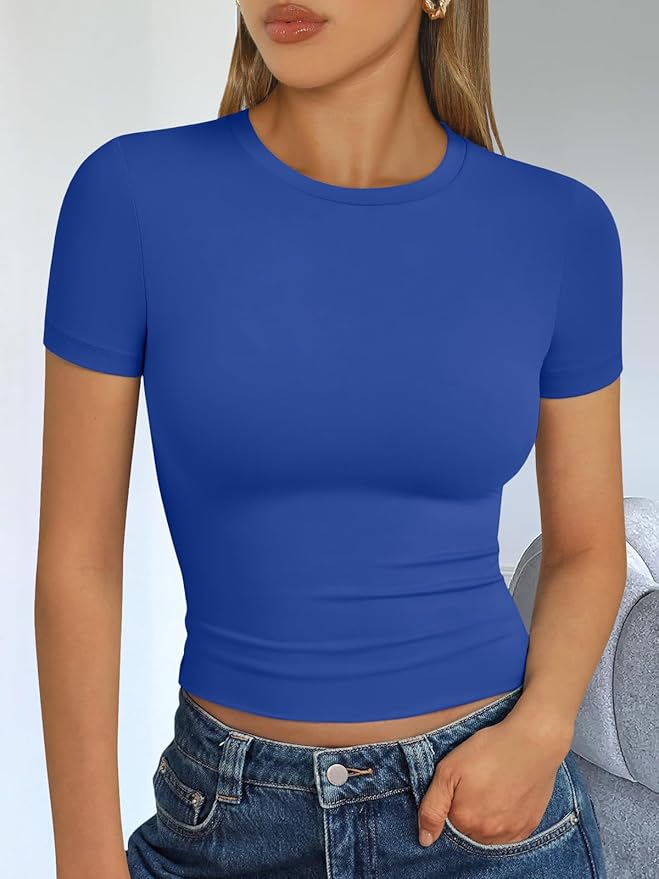 Trendy Queen Womens Short Sleeve T Shirts - Buttery Soft Summer Crop Tops Slim Fit Y2k Basic Tees for Workout