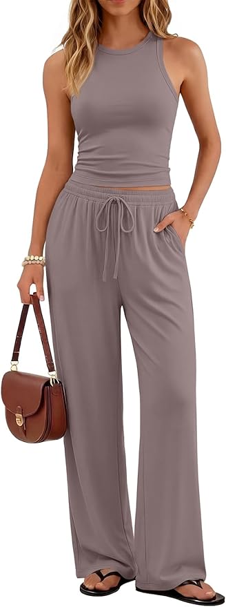 Trendy Queen Women's 2 Piece Summer Lounge Sets Butter Soft Tank Top & High Waisted Wide Leg Pants with Pockets