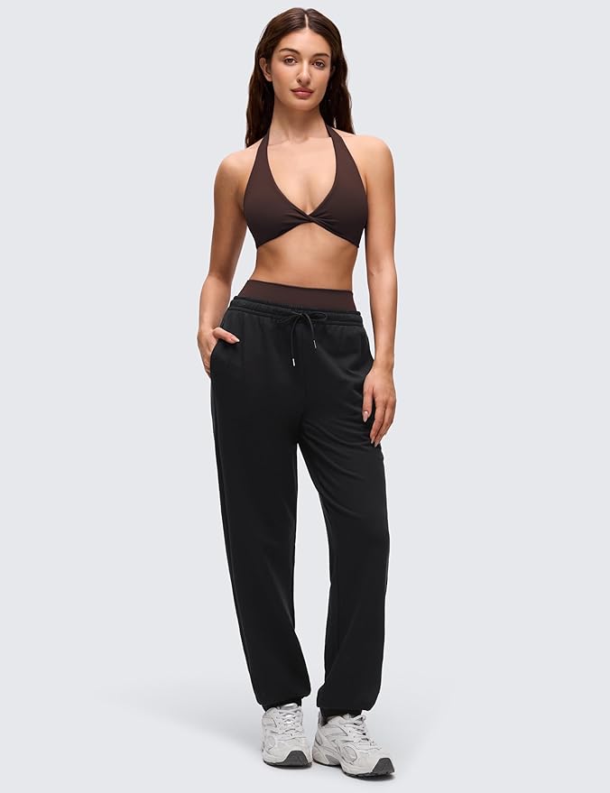 CRZ YOGA Butterluxe Double Lined Twist Halter Sports Bras for Women - Deep V Neck Crop Top Casual Open Back Non Padded