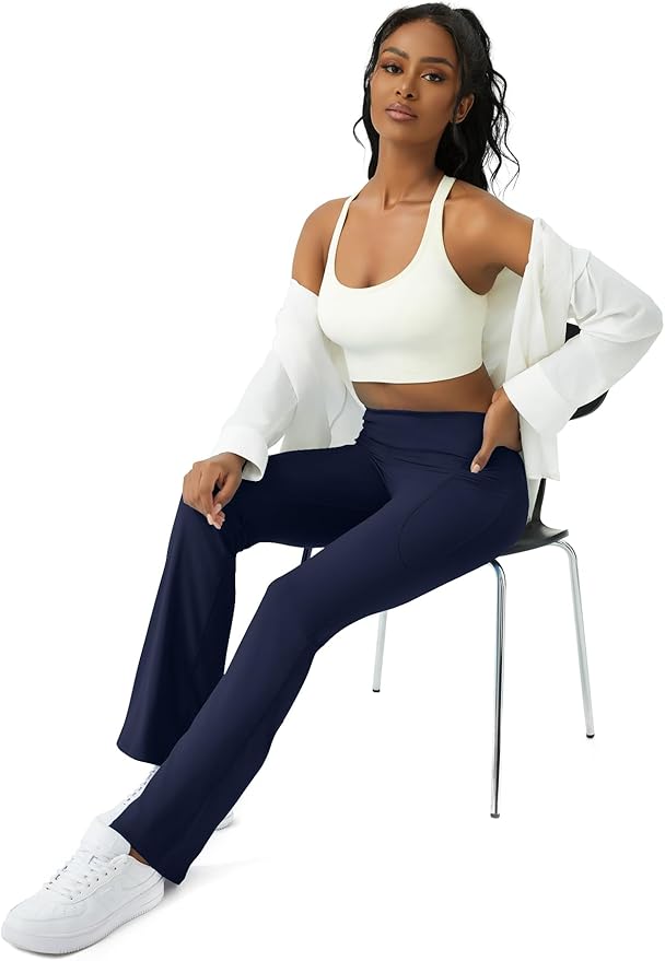 COPYLEAF Womens Yoga Pants with Pockets High Waisted Flare Leggings Bell Bottom Yoga Dress Pants Seamless Bootcut Pants