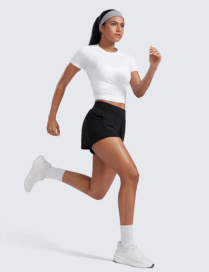 CRZ YOGA 2 in 1 Double Layer Running Shorts for Women 3" - High Waisted for Athletic Tennis Workout with Zip Pockets
