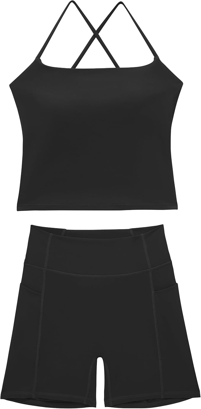 OMKAGI Workout Sets for Women Cute Spaghetti Strap Tank Tops Booty Shorts Outfits with Pockets