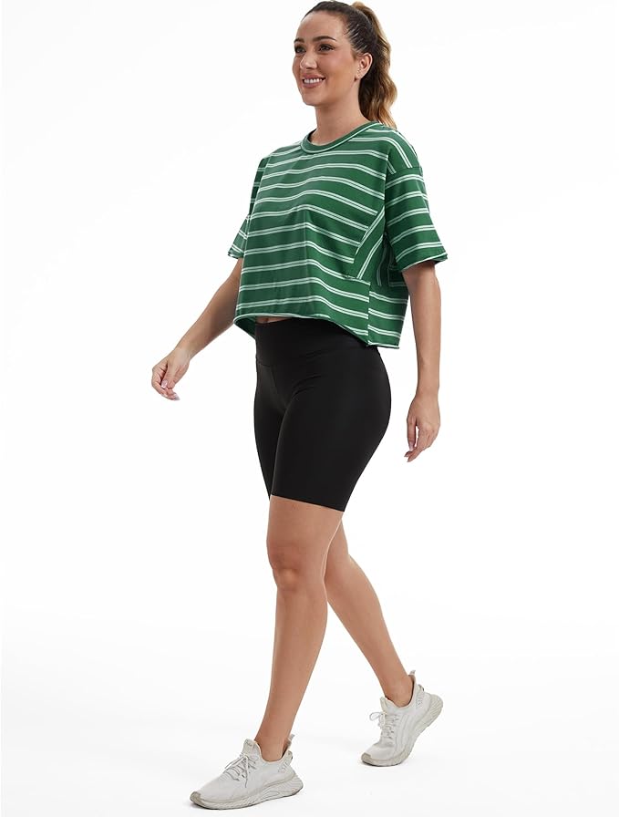 Women's Oversize Workout Crop Tops Casual Short Sleeve Drop Shoulder Boxy T-Shirts Roll Hem Basic Loose Yoga Running Tees