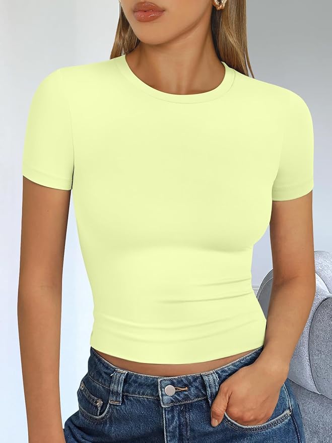 Trendy Queen Womens Short Sleeve T Shirts - Buttery Soft Summer Crop Tops Slim Fit Y2k Basic Tees for Workout