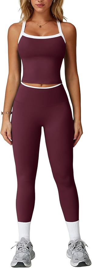 QBGJTD Womens Workout Sets Two Piece Cross Back Tank Top Matching High Waist Leggings Sets Gym Outfits Work Out Clothes
