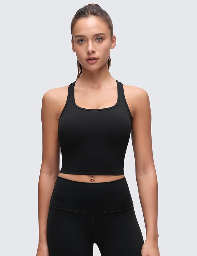CRZ YOGA Butterluxe Racerback Crop Tank Tops for Women - Padded Y-Back Longline Sports Bras Scoop Neck Workout Yoga