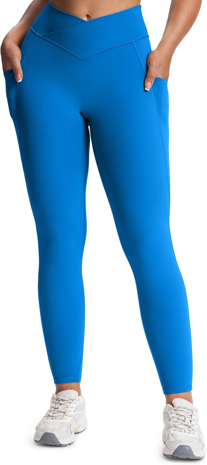 Aoxjox Women's Trinity High Waisted Yoga Pants with Pockets Cross-Waist Tummy Control Buttery Soft Workout Leggings 26"
