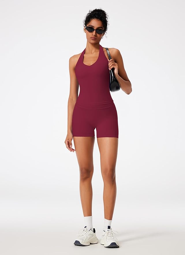 RXRXCOCO Halter Workout Sets for Women 2 Piece V Neck Tank Tops Hidden Scrunch Booty Shorts Gym Outfits with Pockets