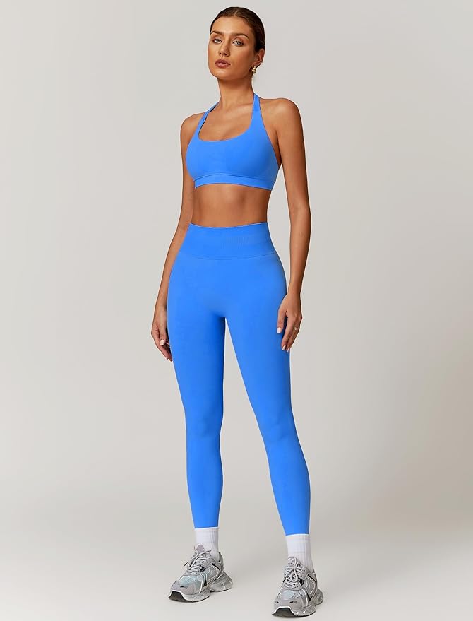 ABOCIW Workout Sets for Women Seamless Scunch Butt Lifting Impact Leggings Halter Sports Bra 2 Piece Gym Outfits