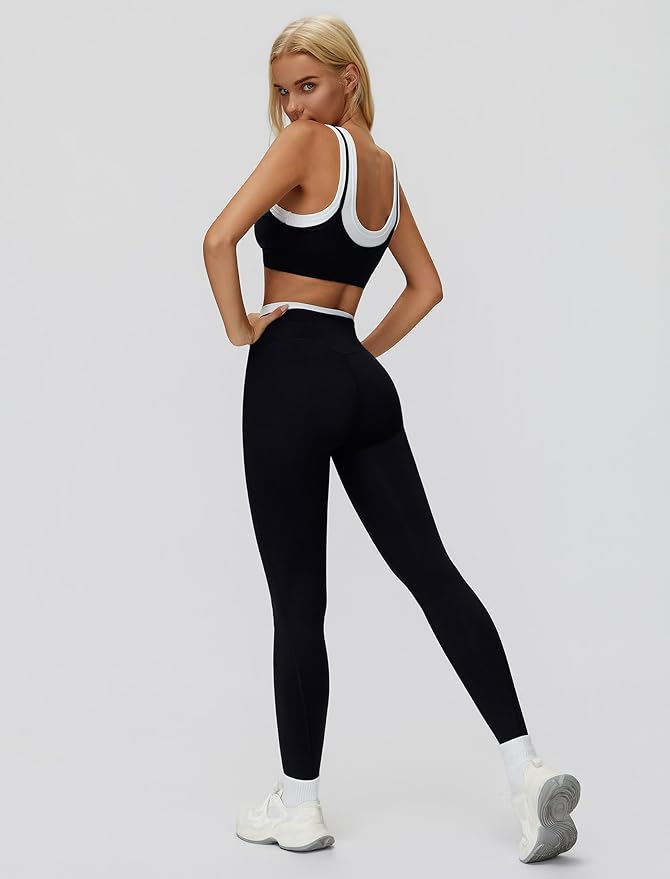 ABOCIW Two Piece Workout Sets for Women Layer Sports Bra Tummy Control High Wait Leggings Gym Yoga Outfits