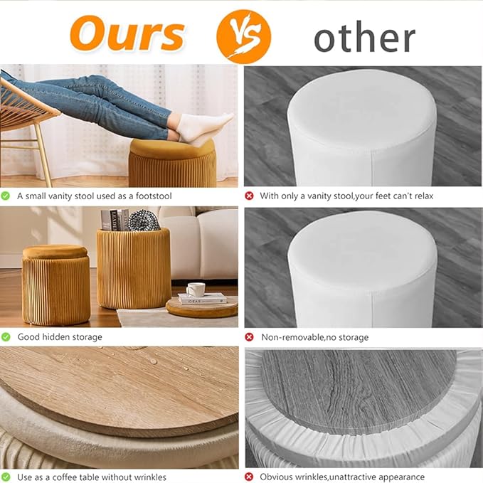 BLEXA Round Set of 2 Ottoman with Storage-Upholstered Velvet Vanity Stool for Makeup Multifunctional Ottomans Coffee Table Padded Seat Foot Rest for Living Room&Bedroom (Yellow)