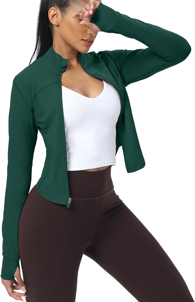 AVGO Women's Cropped Running Workout Jackets Zip Slim Fit Athletic Tops with Thumb Holes