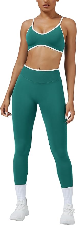 ABOCIW Womens 2 Piece Workout Sets Seamless Color Block Sports Bra Scrunch Butt Lifting High Waist Leggings Gym Set