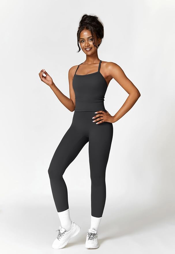 QBGJTD Womens Workout Sets Two Piece Cross Back Tank Top Matching High Waist Leggings Sets Gym Outfits Work Out Clothes