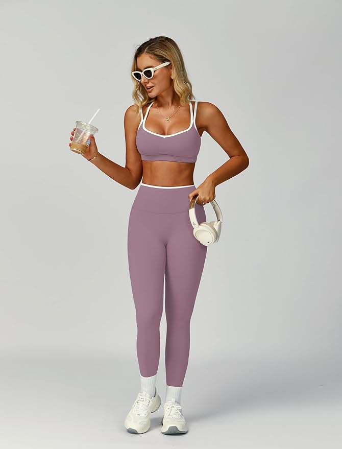 ABOCIW Two Piece Workout Sets for Women Color Block Strappy Sports Bra High Waist Leggings Yoga Pilates Outfits