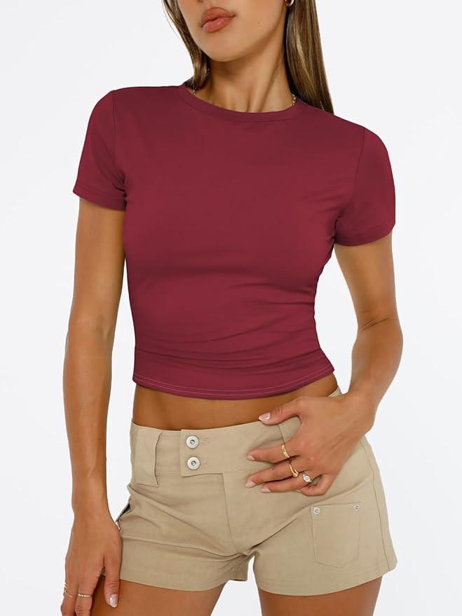 Trendy Queen Womens Short Sleeve T Shirts - Buttery Soft Summer Crop Tops Slim Fit Y2k Basic Tees for Workout