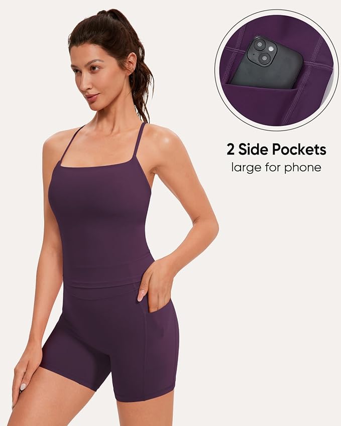 OMKAGI Workout Sets for Women Cute Spaghetti Strap Tank Tops Booty Shorts Outfits with Pockets