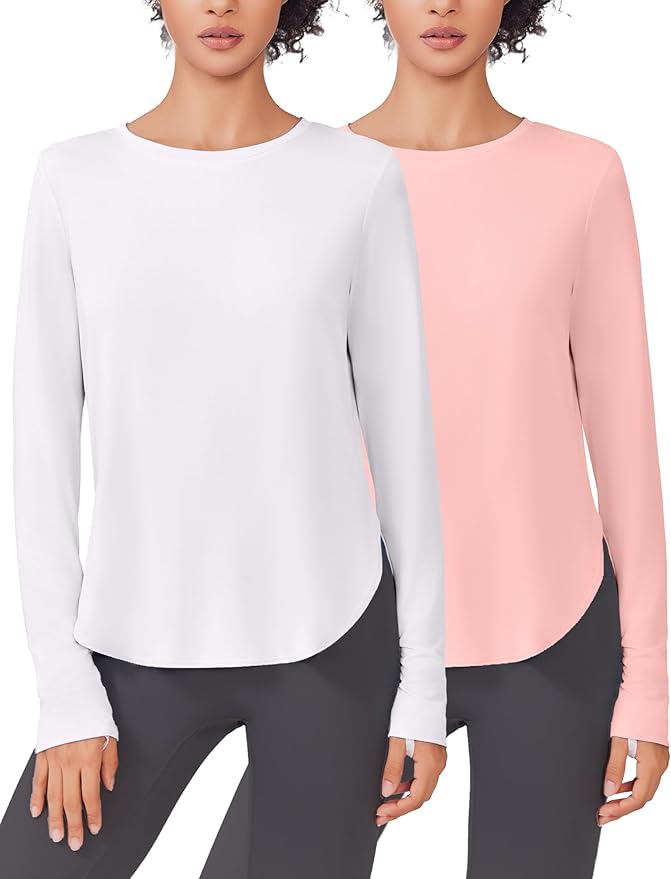 PINSPARK 2 Pack Long Sleeve Workout Tops for Women UV Protection Soft Workout Tops Lightweight Athletic Running Hiking Shirt