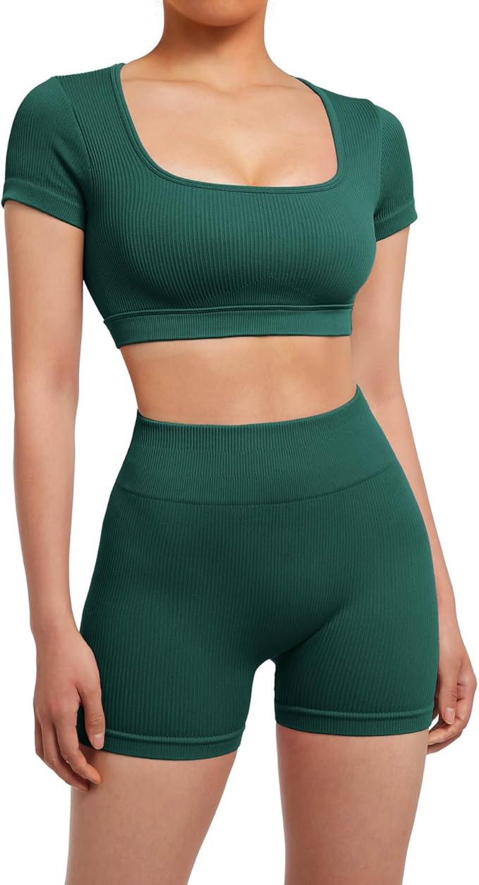 SUUKSESS Womens Workout Sets Open Back Gym Sets Woman Yoga Pilates Crop Tank High Waisted Bike Shorts