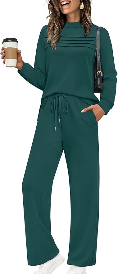 WIHOLL Two Piece Sets for Women Spring Travel Vacation Outfits 2026 Long Sleeve Lounge Sets Side Slit Wide Leg Pants S-3XL