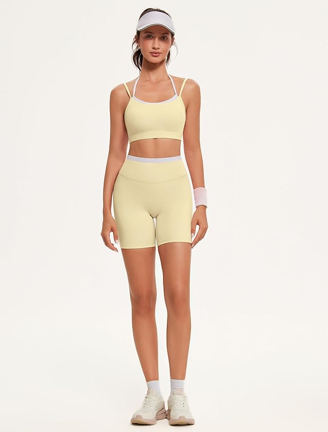 OMKAGI Workout Sets for Women Cute Doubel Layer Open Back Sports Bras Gym Shorts Outfits