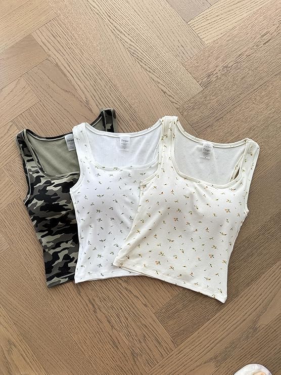 Danysu Women Rib Tank Top Padded Workout Top Square Neck Crop Tank Fitted Basic Cami Tops
