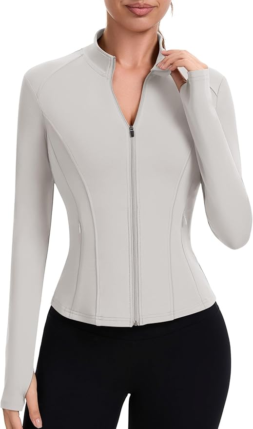 ZHENWEI Workout Jackets for Women Full Zip Up Cropped Athletic Long Sleeve Lightweight Slim Fit Running Tops with Pockets