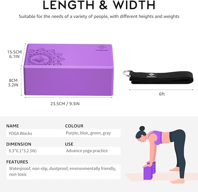 Overmont Yoga Block 2 Pack Supportive Latex-Free EVA Foam Soft Non-Slip Surface for General Fitness Pilates Stretching and Meditation 9"x6"x3" Yoga Strap Included