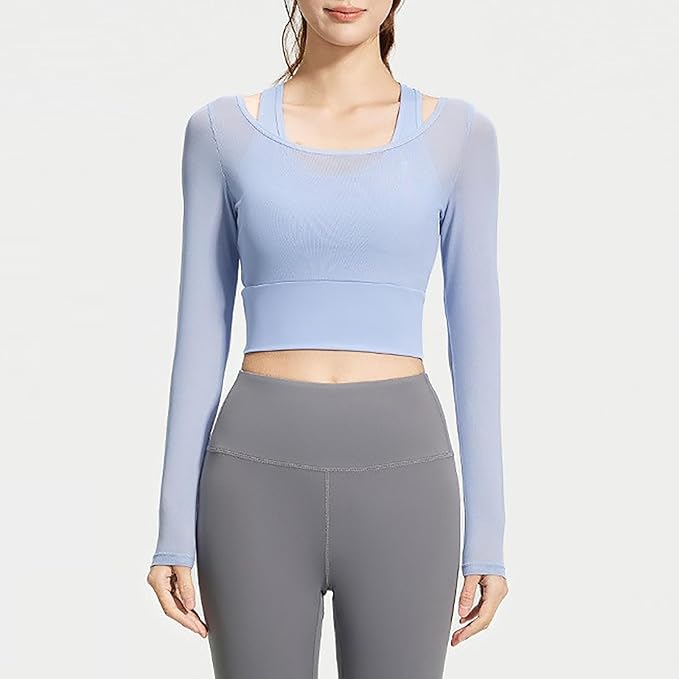 Women's 2 in 1 Yoga Long Sleeve Mesh Gym Athletic Tops Stretch Workout Pilates Shirts with Comfortable Sports Bra