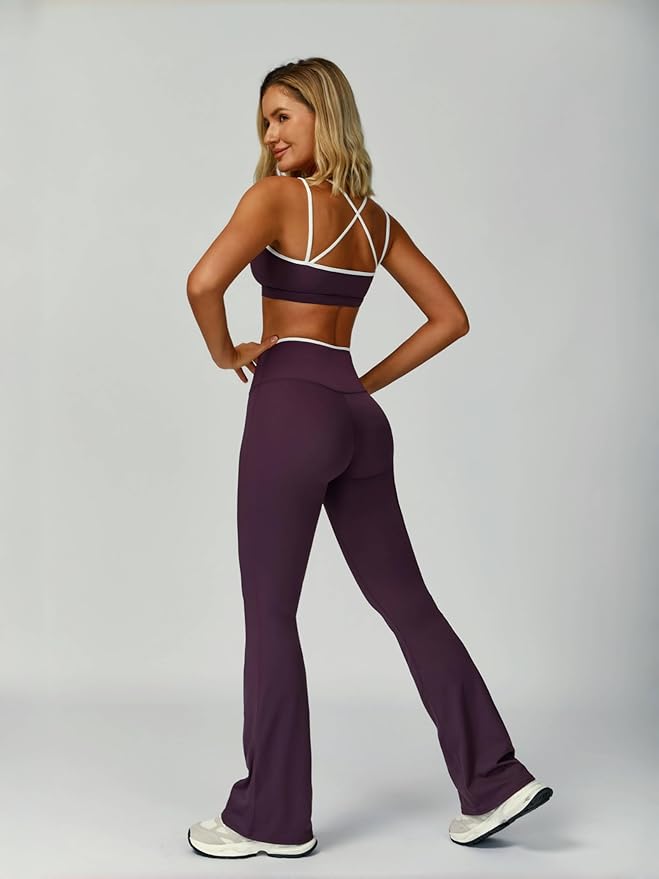 ABOCIW Workout Sets for Women 2 Piece Color Block Strappy Sports Bra High Waist Flare Leggings Gym Yoga Pilates Outfits