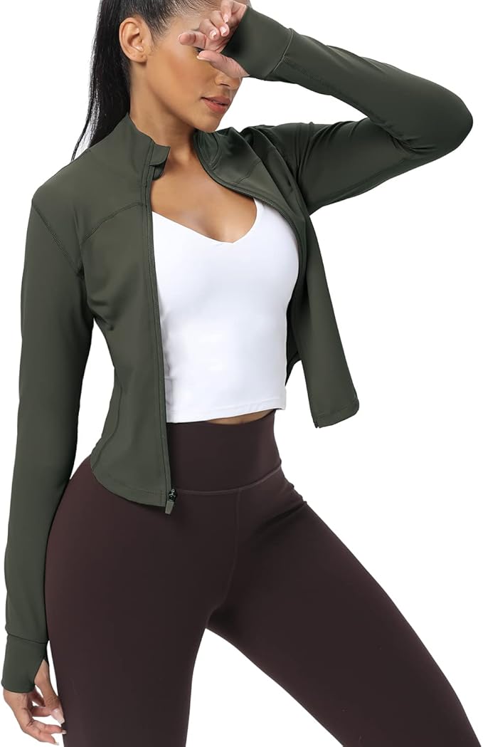 AVGO Women's Cropped Running Workout Jackets Zip Slim Fit Athletic Tops with Thumb Holes